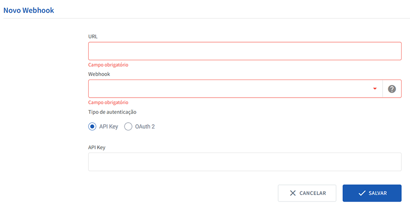 Formulário de cadastro de webhook